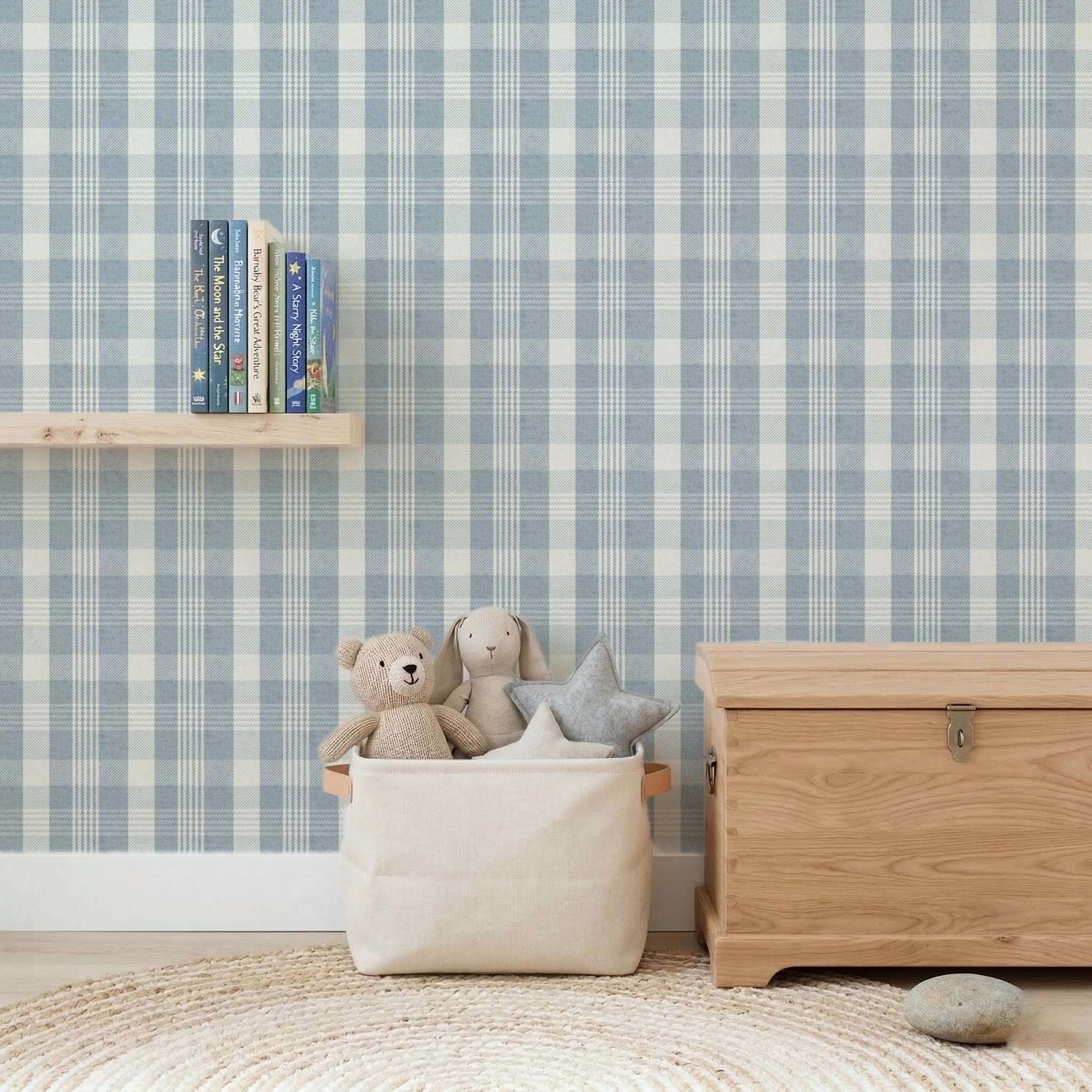 Pastel Plaid wallpaper with soft check and tartan pattern in light blue and cream
