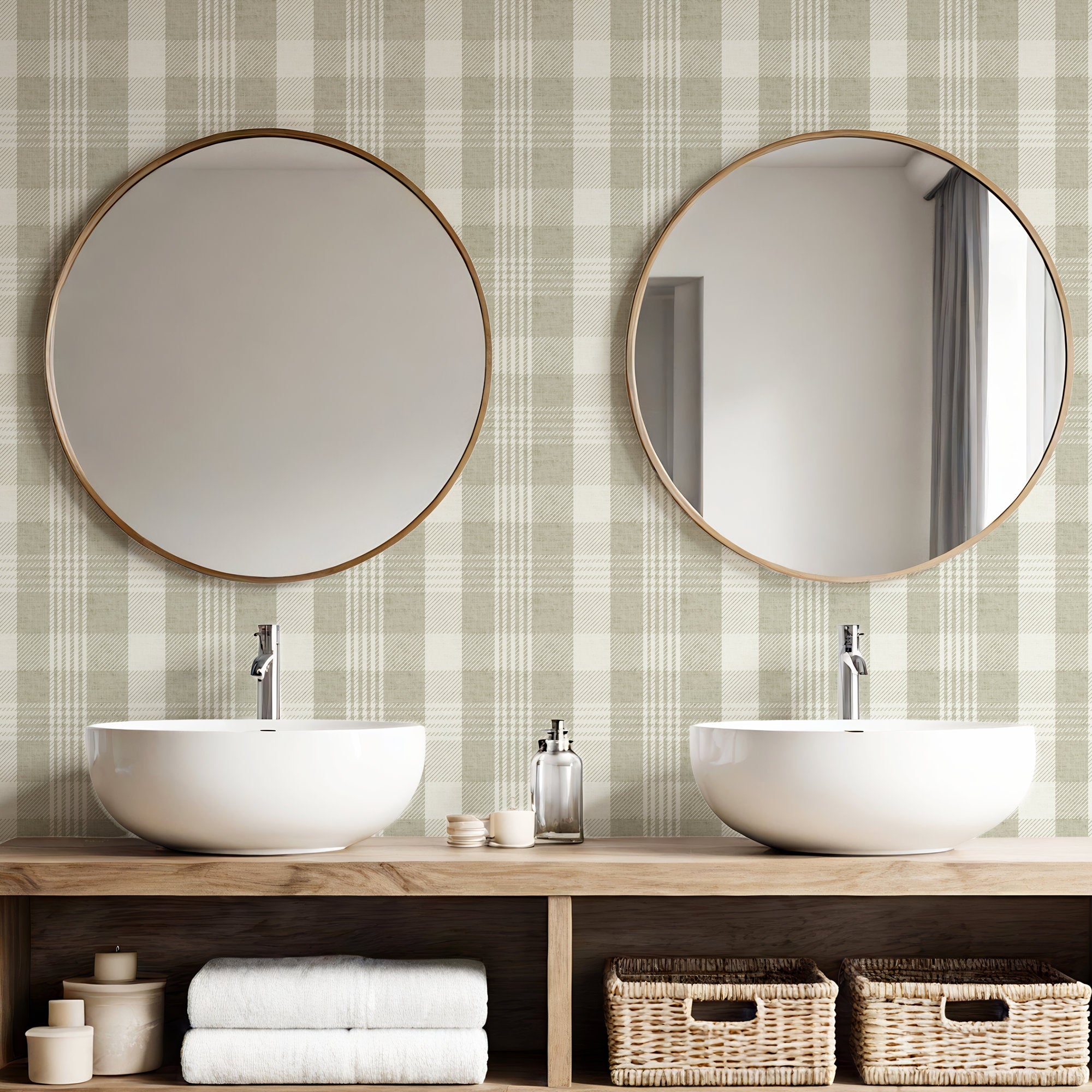 Sage green plaid wallpaper in bathroom with round mirrors and white basins